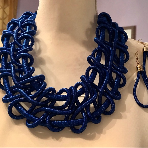 Jewelry - Blue grosgrain cord weaved necklace/earrings